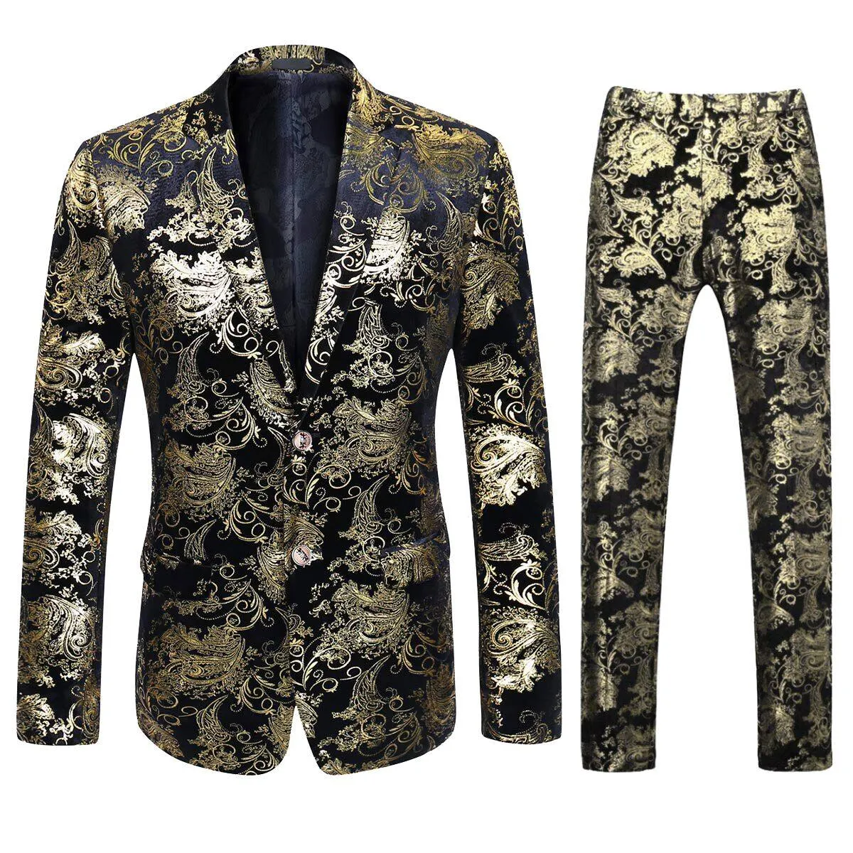 2-Piece Slim Fit Stylish Dress Floral Suit Gold