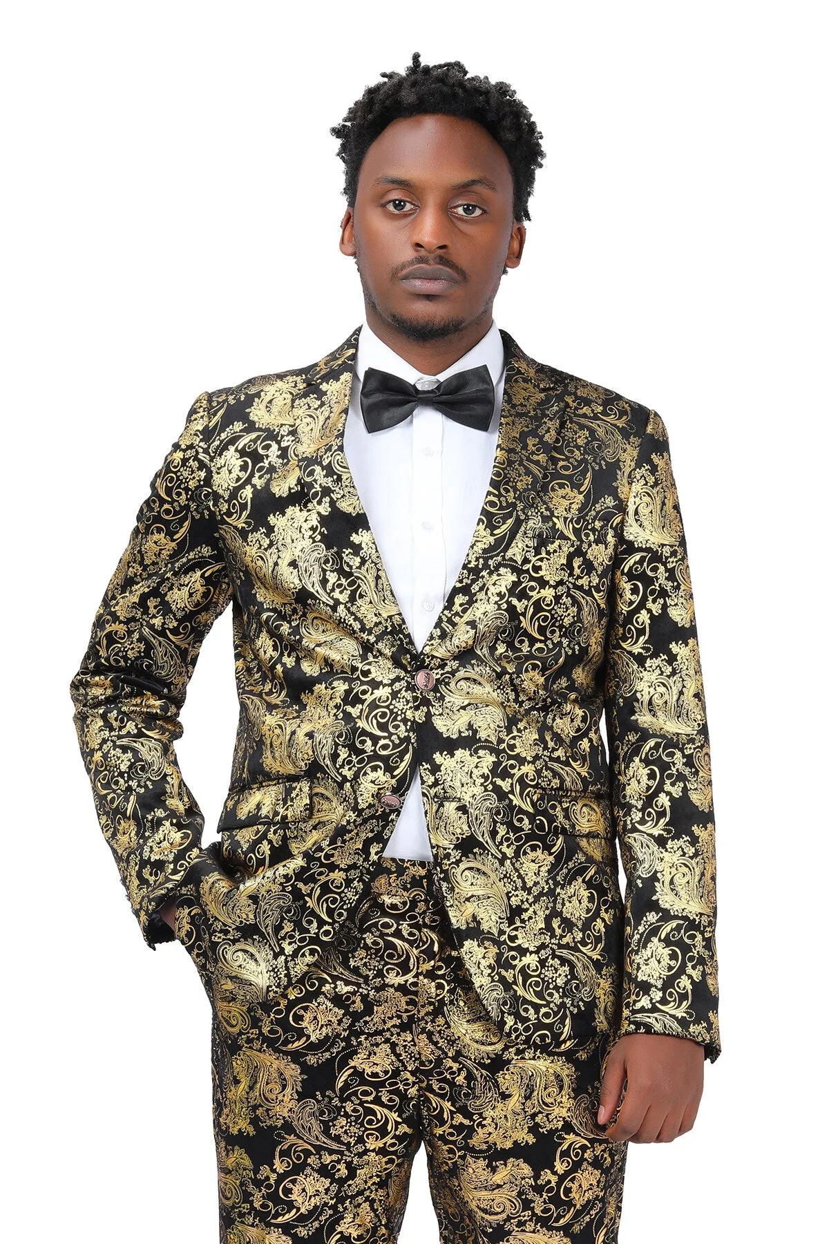 2-Piece Slim Fit Stylish Dress Floral Suit Gold