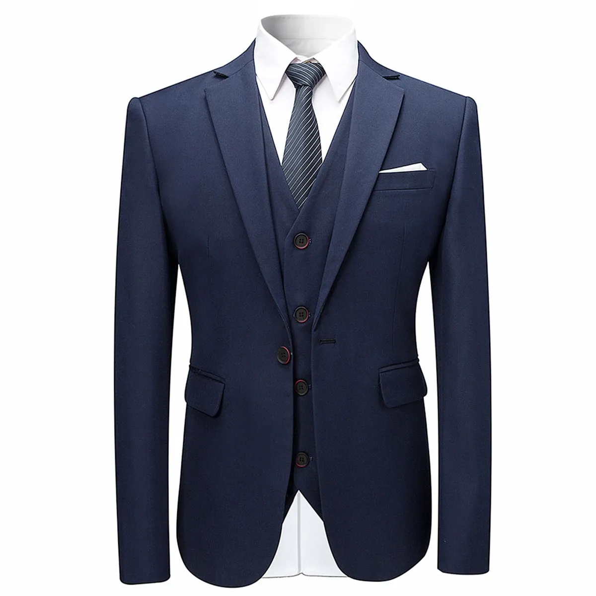 3-Piece Slim Fit Solid Color Jacket Smart Wedding Formal Suit Dark Blue