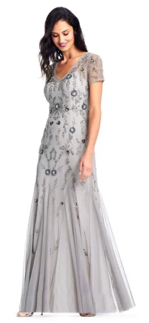 Adrianna Papell Short Sleeves Floral Beaded Godet Trumpet Gown AP1E202853