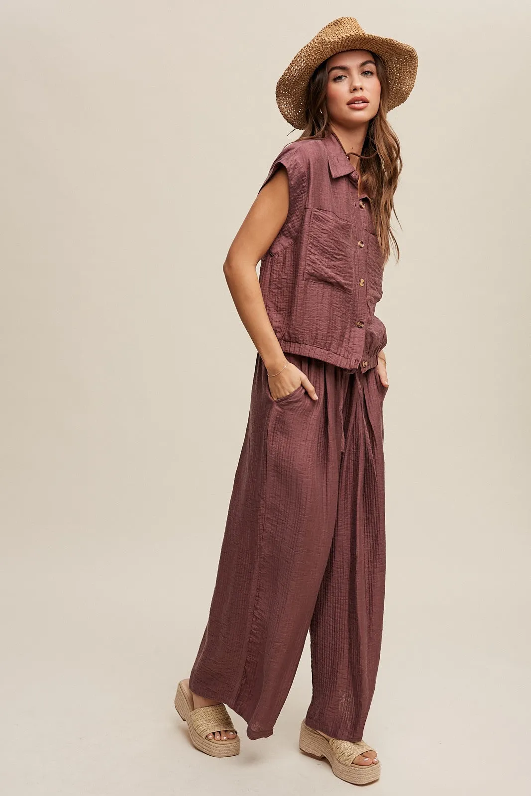 Bella Button Down Pleated Set in Plum