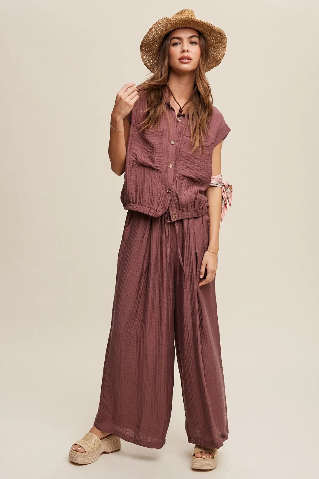 Bella Button Down Pleated Set in Plum