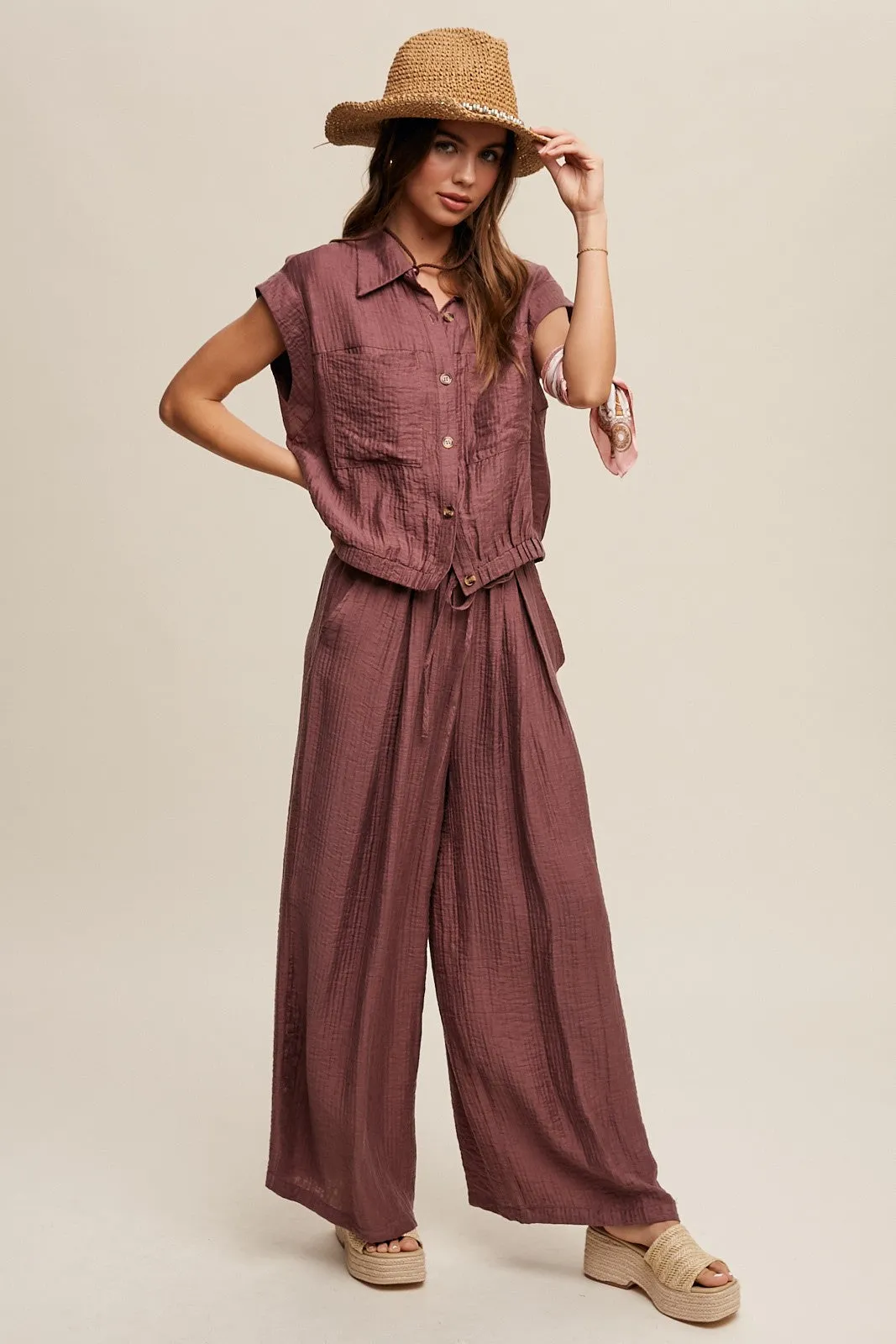 Bella Button Down Pleated Set in Plum