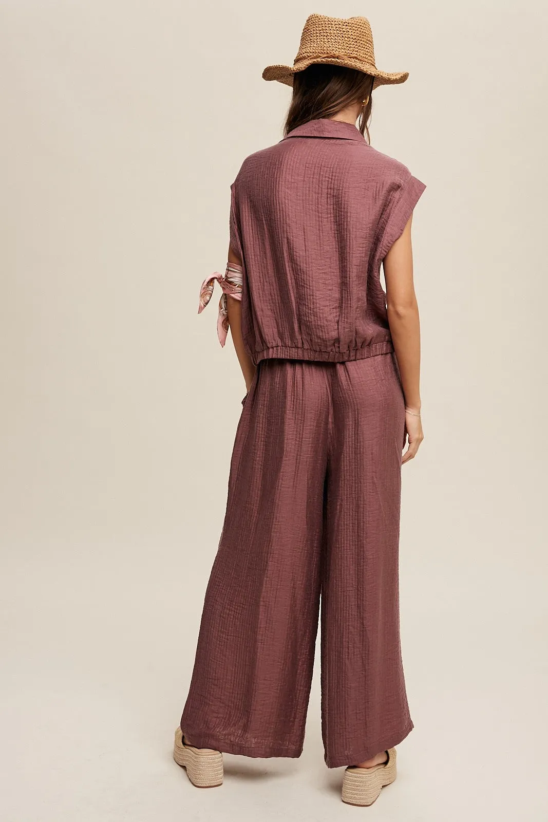 Bella Button Down Pleated Set in Plum