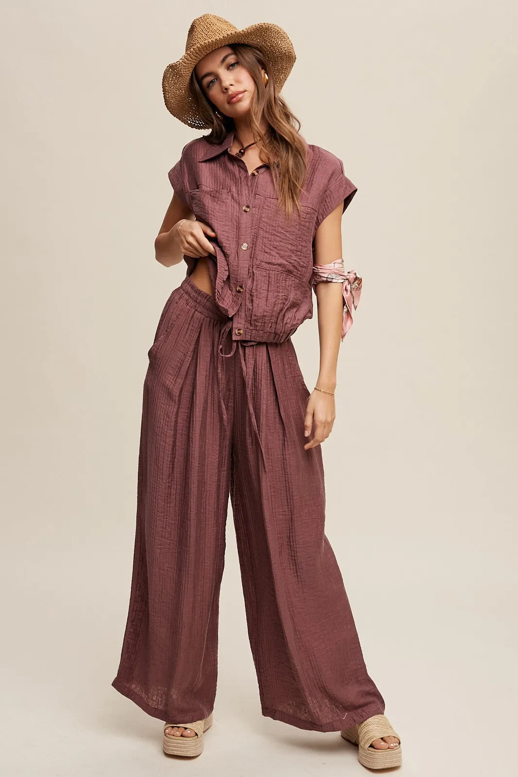 Bella Button Down Pleated Set in Plum