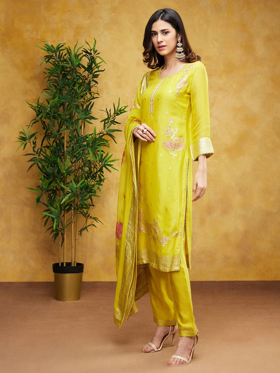 Bright Yellow Embellished Dola Silk Pants Set