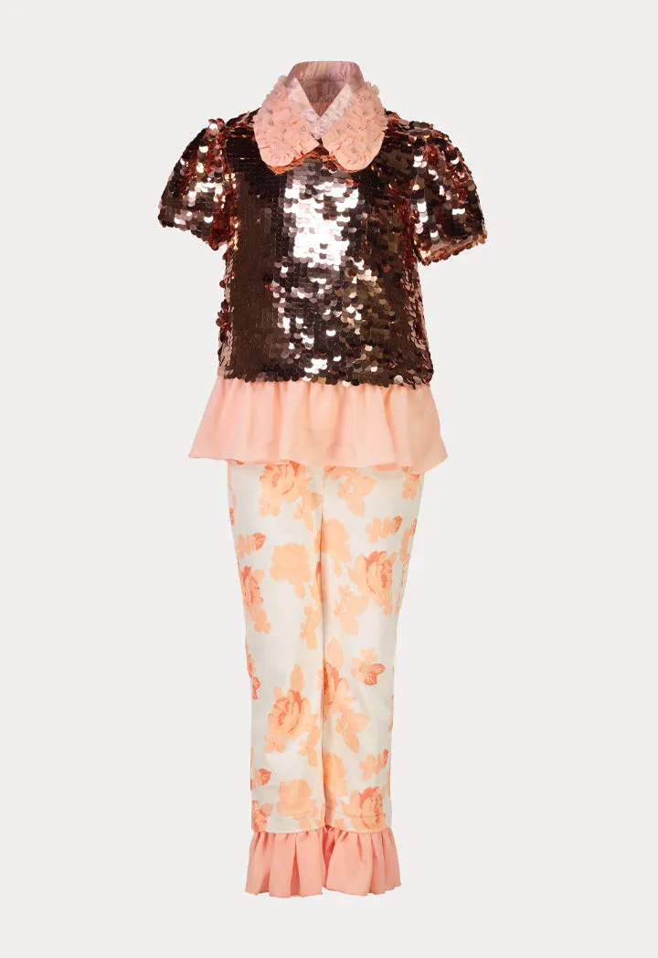 Floral Print Ruffle Solid Sequins Blouse And Pants Set