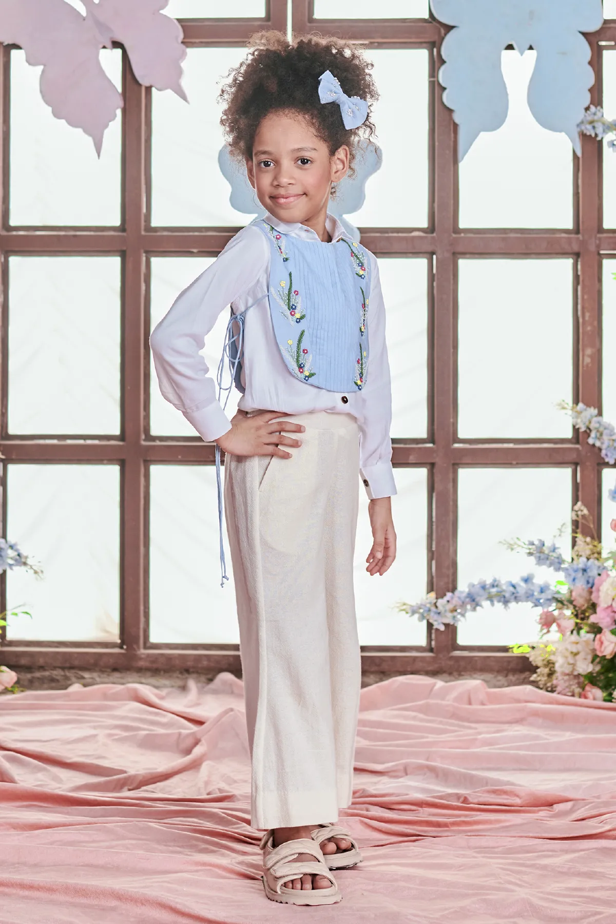 Gaia- Thread Embroidered Bib With Bell Bottom Pants And Shirt- Set Of 3