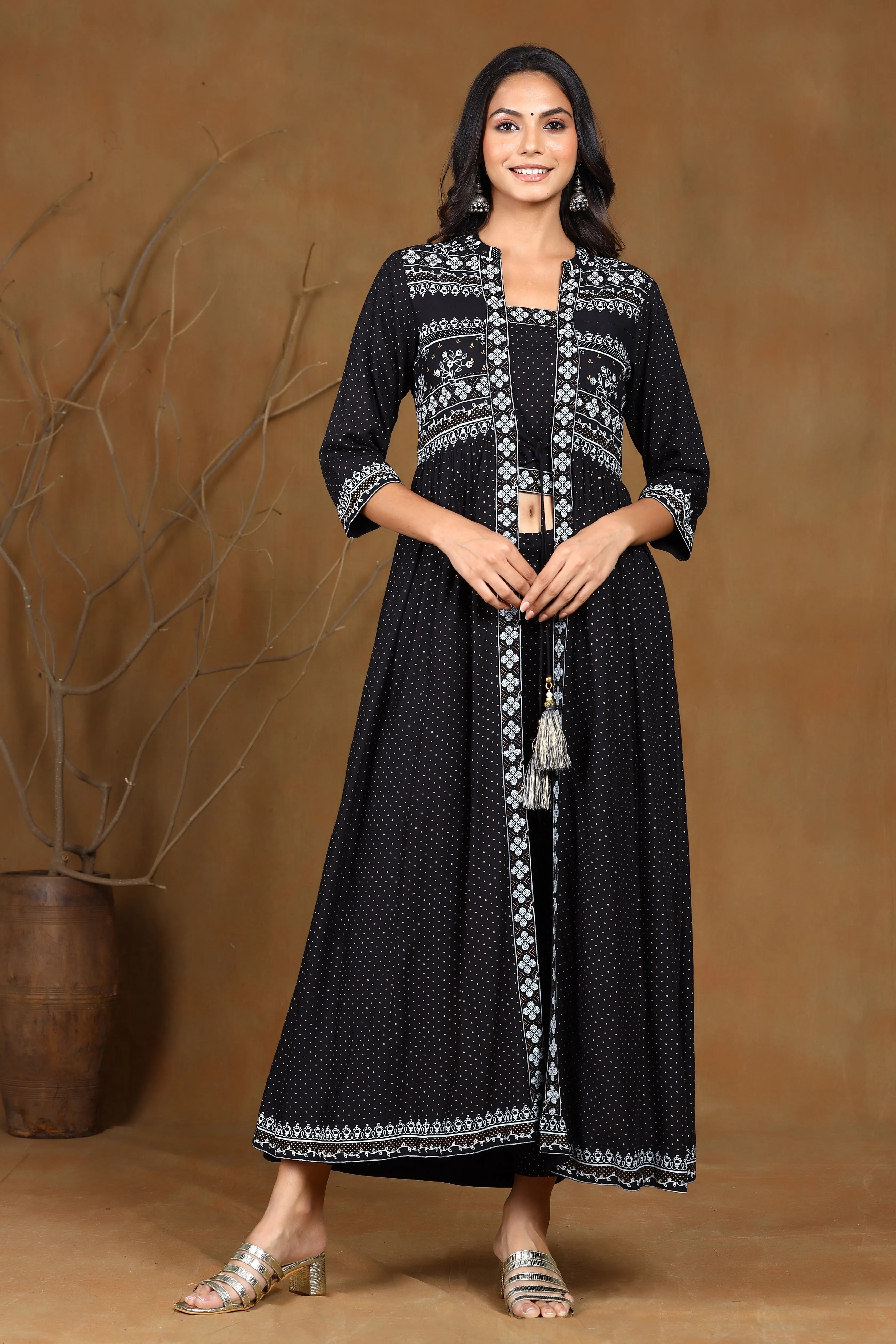 Juniper Black Ethnic Motif Printed Rayon Jacket Style Kurta & Pants Set.