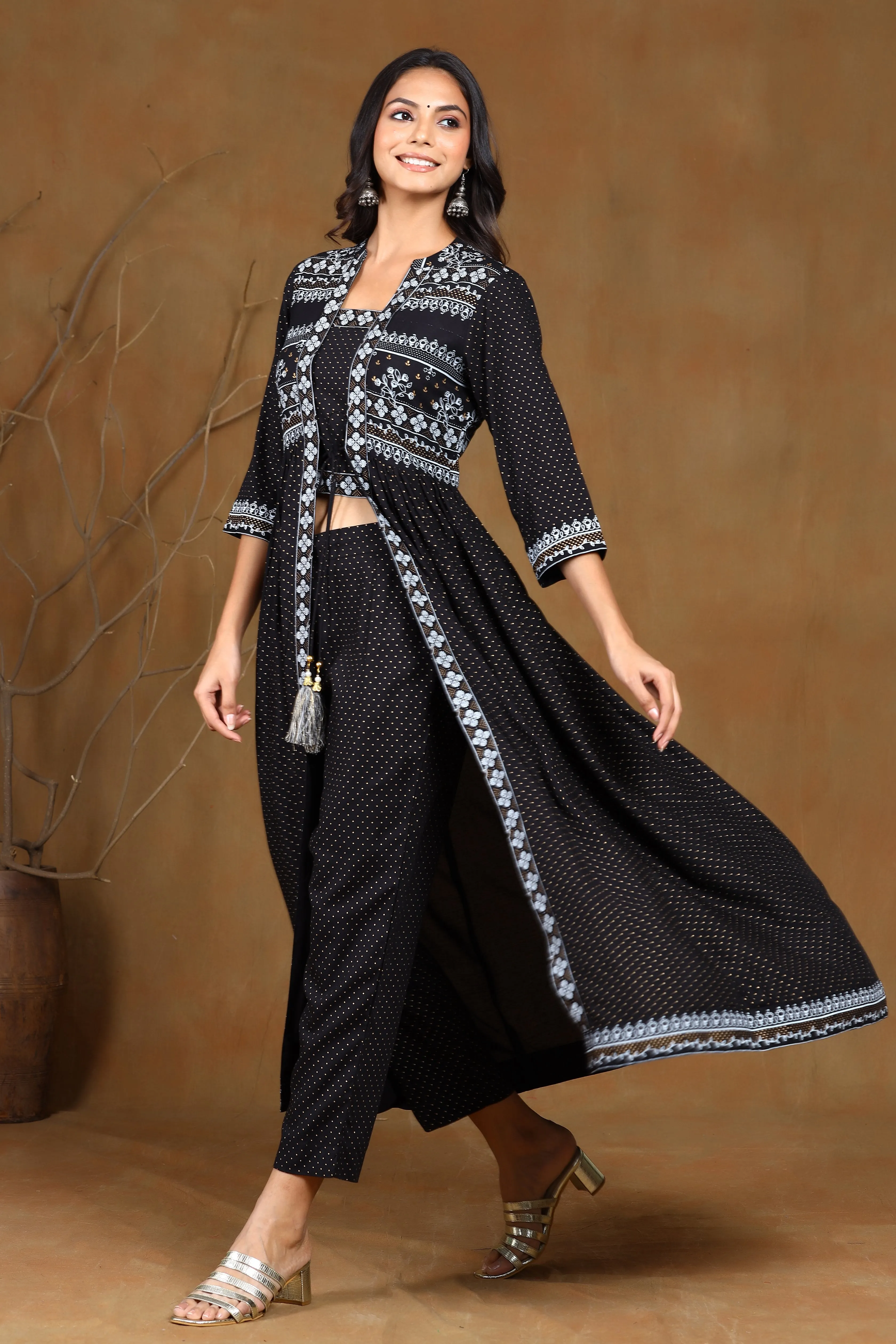 Juniper Black Ethnic Motif Printed Rayon Jacket Style Kurta & Pants Set.