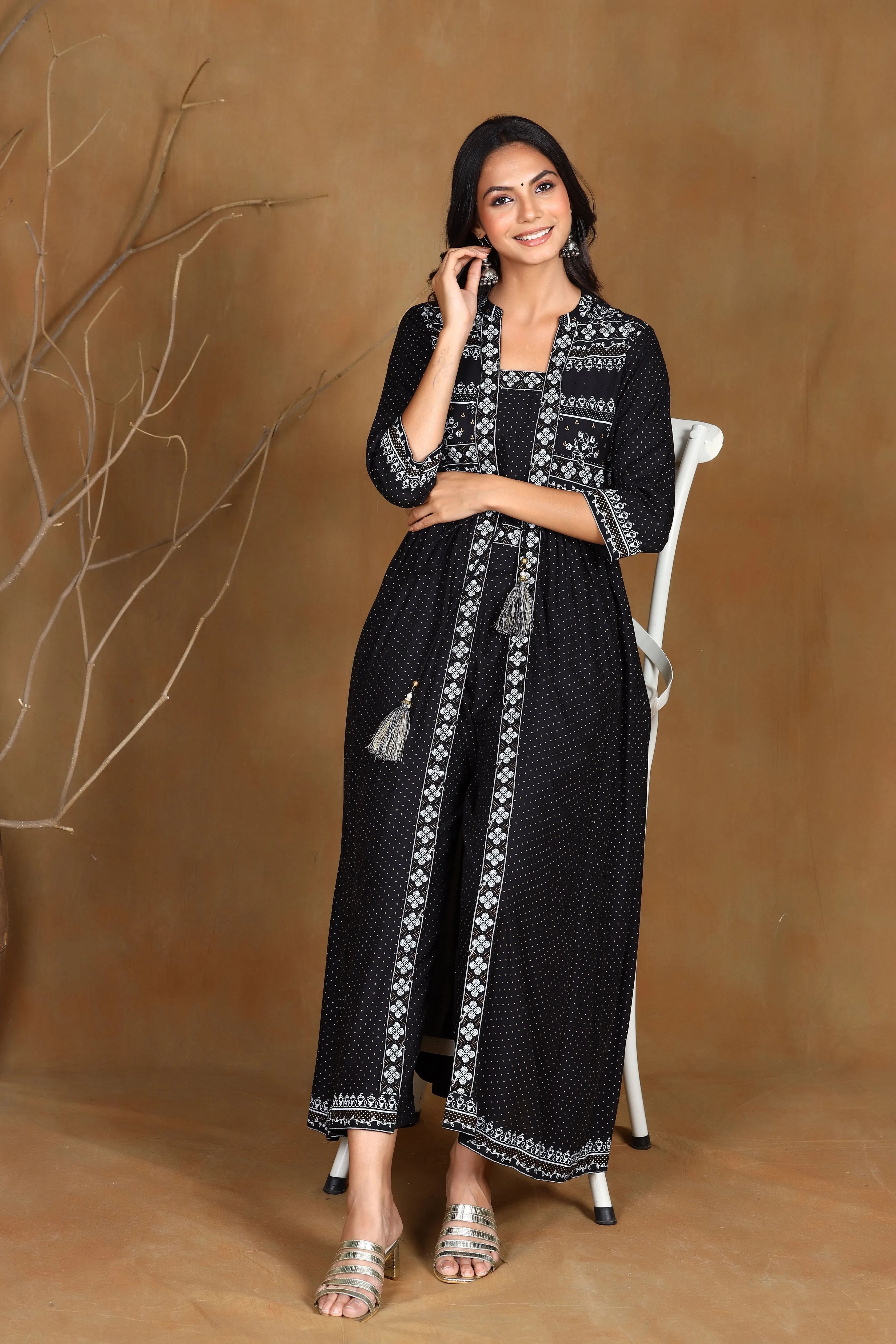 Juniper Black Ethnic Motif Printed Rayon Jacket Style Kurta & Pants Set.