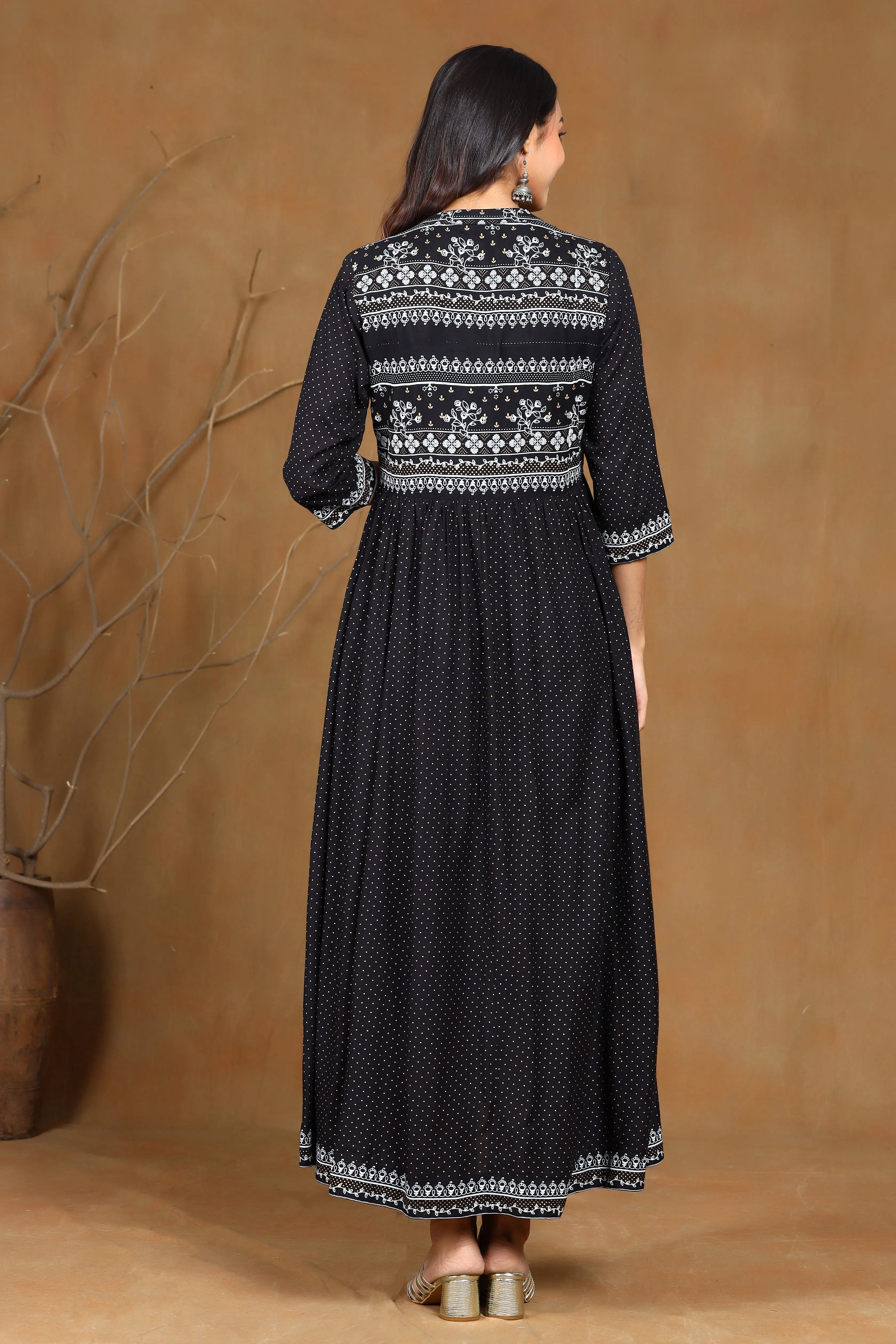 Juniper Black Ethnic Motif Printed Rayon Jacket Style Kurta & Pants Set.