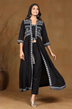 Juniper Black Ethnic Motif Printed Rayon Jacket Style Kurta & Pants Set.