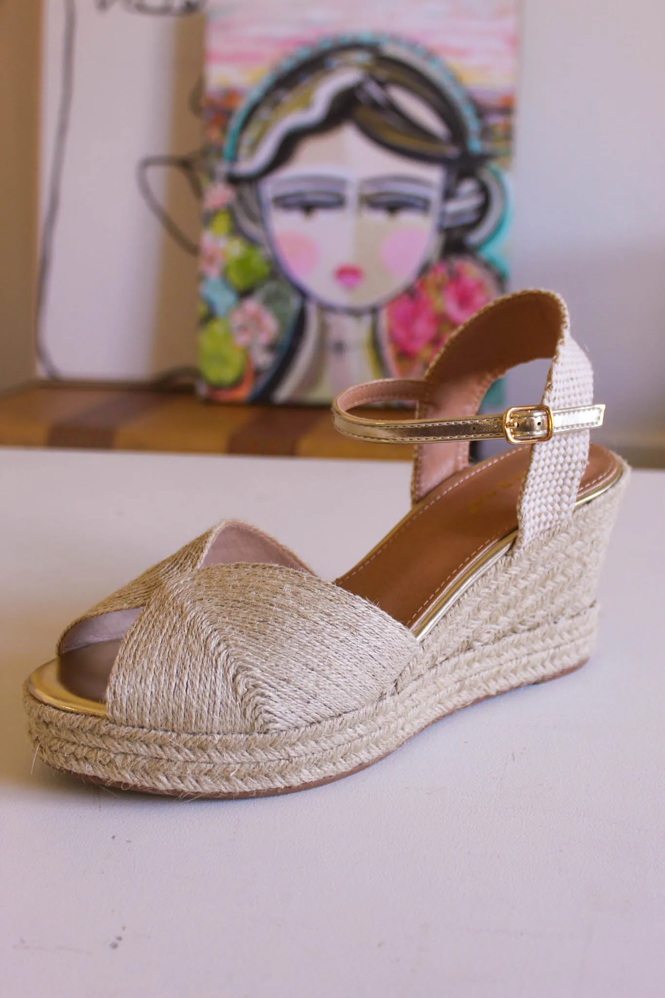 La Playa Espadrille Wedge Sandal w/Buckle - Natural/Gold