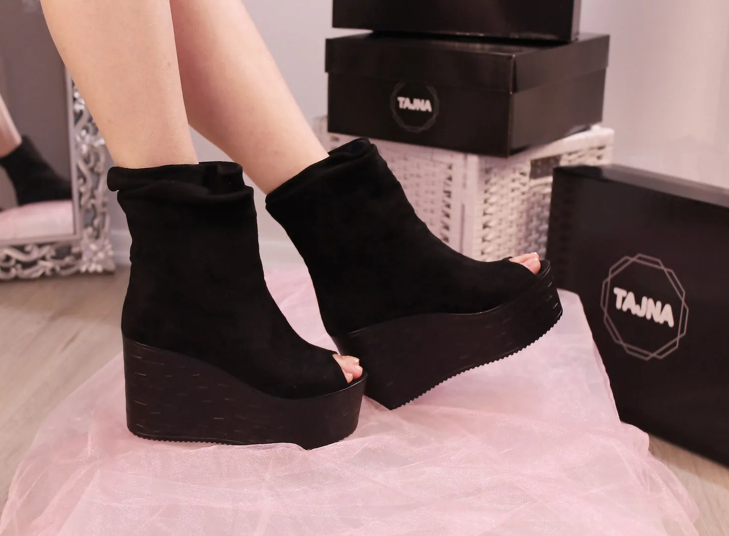 Peep Toe Ankle Black Wedges