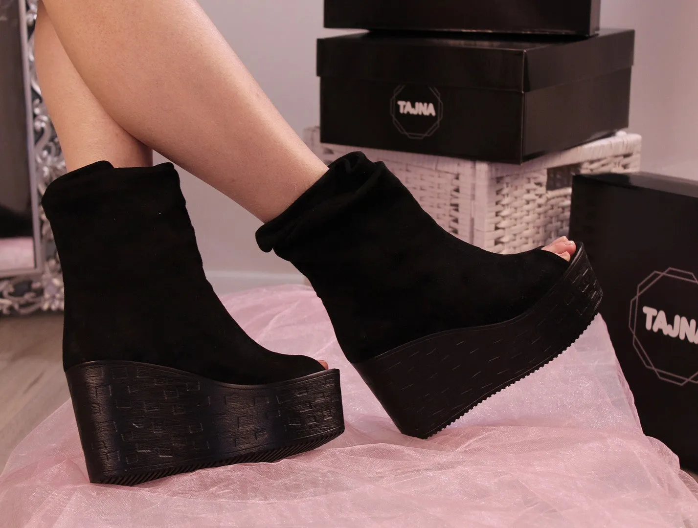 Peep Toe Ankle Black Wedges