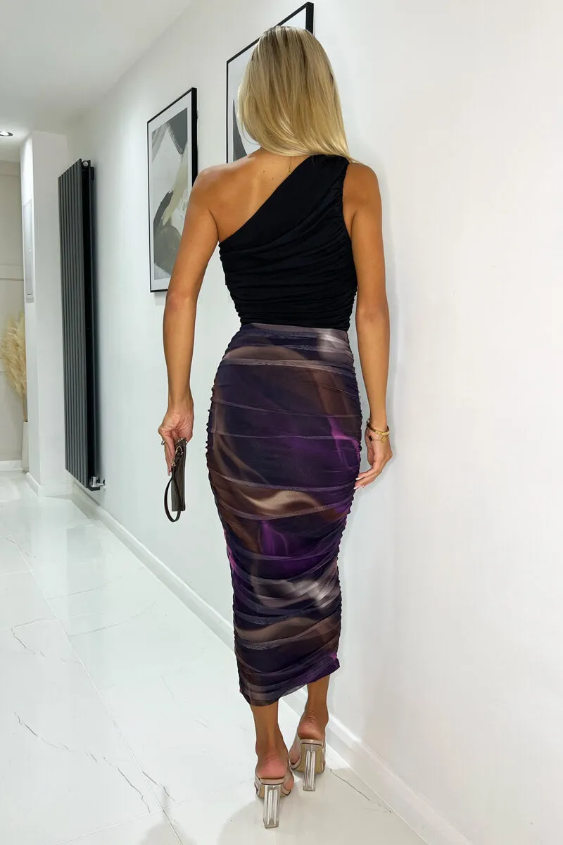 Plum Abstract Print Mesh Ruched Midi Skirt