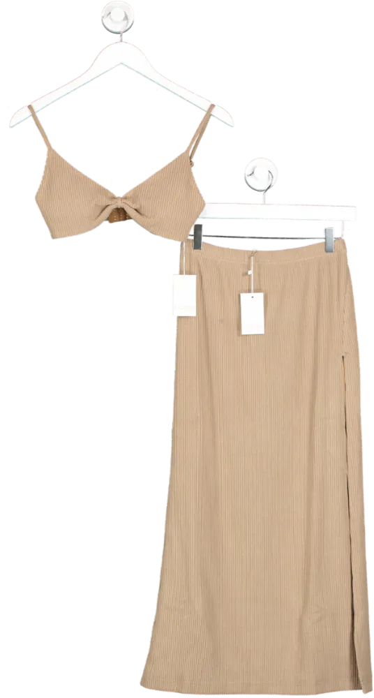 Skaines The Label Brown Winni Soft Brushed Ribbed Knit Midi Skirt & Bralette UK XS