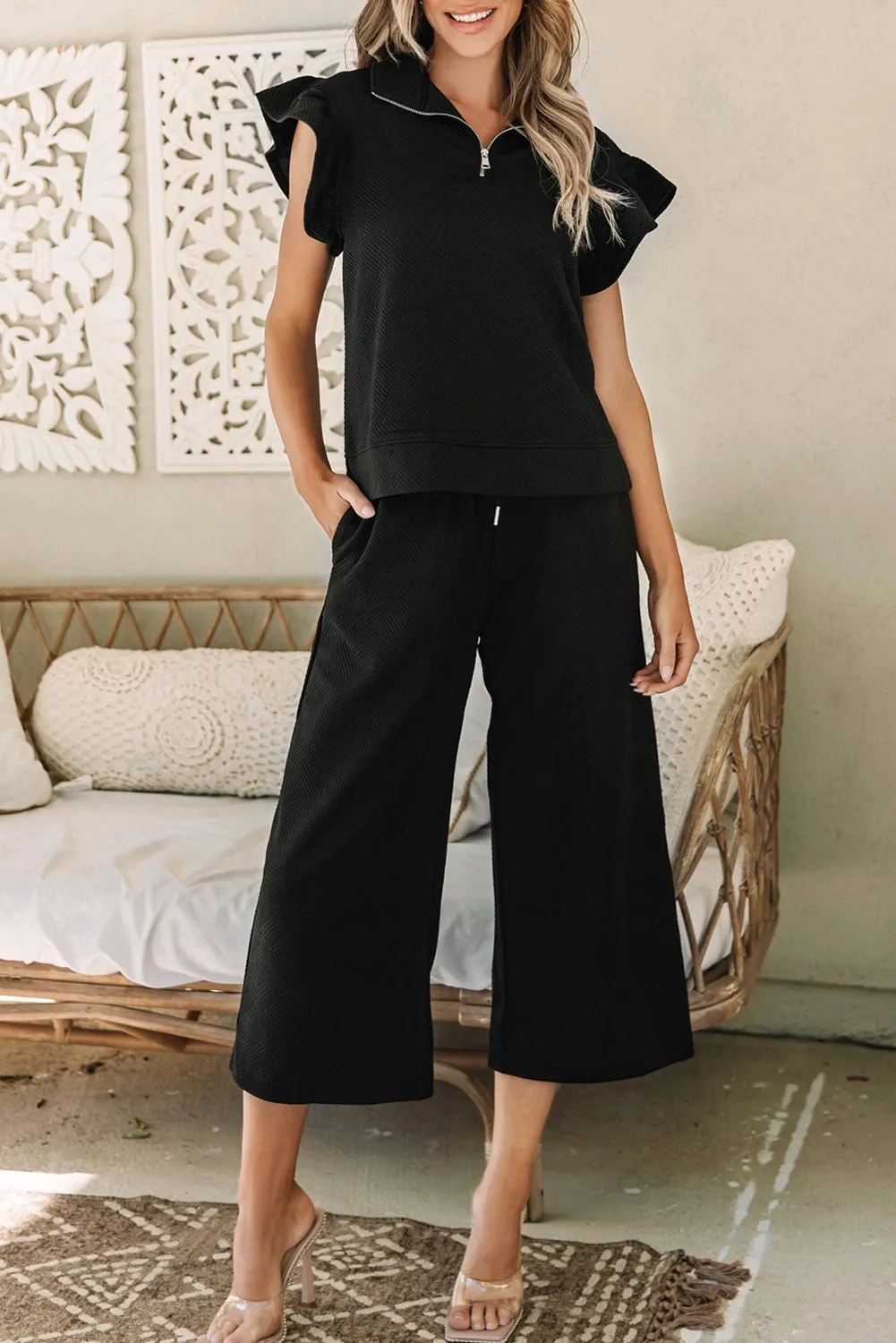 Textured Flutter Sleeve & Wide Legs Pants Set - Black